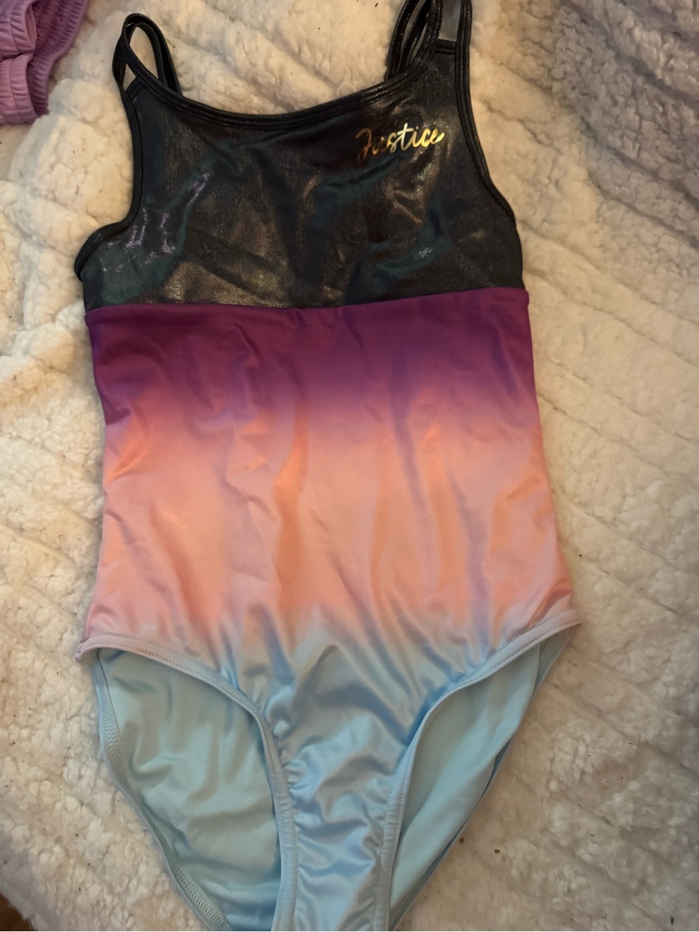 Justice Girls' One-Piece Swimsuit with Shimmery Black Straps and Blue Lining